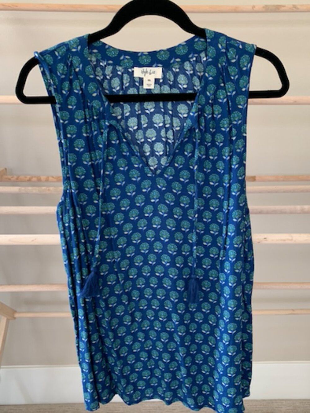Style & Co Blue Floral Block Print Split Neck Tassel Tie Tank Top XXL